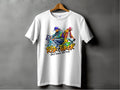 A white t-shirt by Garment Graphics hangs on a plain gray wall, featuring a vibrant graphic of two street dancers in dynamic poses and the words Risk Taker 10th Final T-Shirts, capturing the essence of street dance culture.