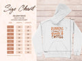 A size chart for Garment Graphics Running on Grace and Coffee hoodies, featuring orange script, is displayed. Available in classic fit and medium-heavy fabric, sizes range from S to 5XL. Widths and lengths in inches are clearly marked by measurement lines.