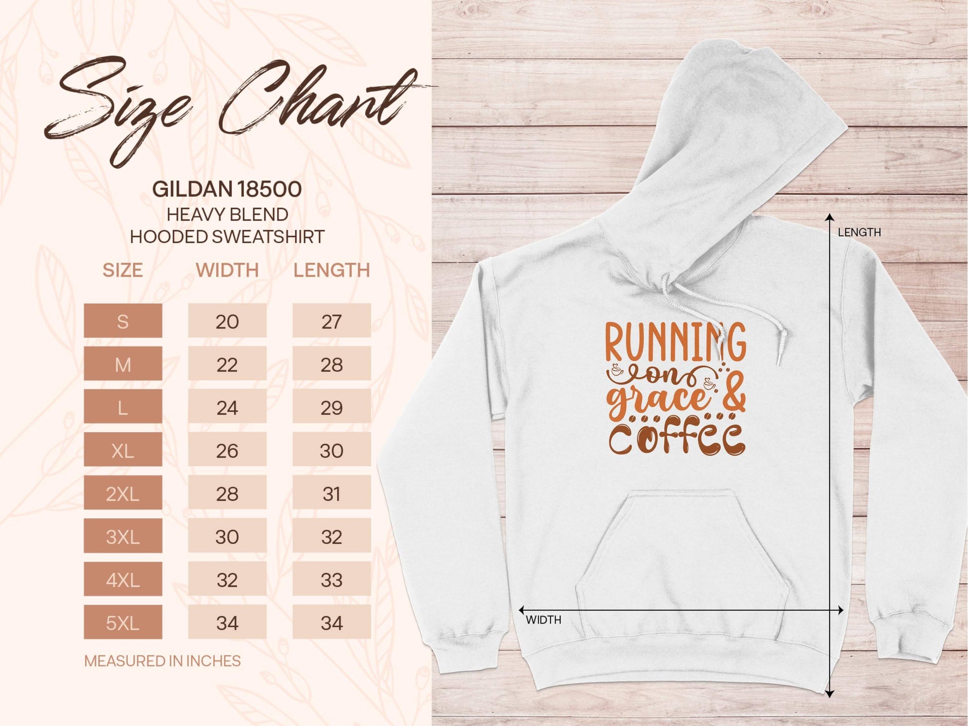 A size chart for Garment Graphics Running on Grace and Coffee hoodies, featuring orange script, is displayed. Available in classic fit and medium-heavy fabric, sizes range from S to 5XL. Widths and lengths in inches are clearly marked by measurement lines.