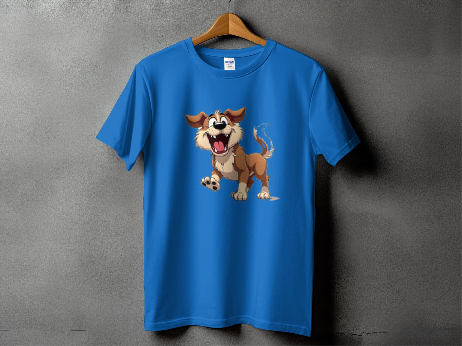 Garment Graphics presents a blue T-shirt, ideal for dog enthusiasts, displayed on a wooden hanger against a gray backdrop. It showcases a cheerful cartoon dog with fluffy fur and big eyes, making it perfect for anyone who loves their furry friends.