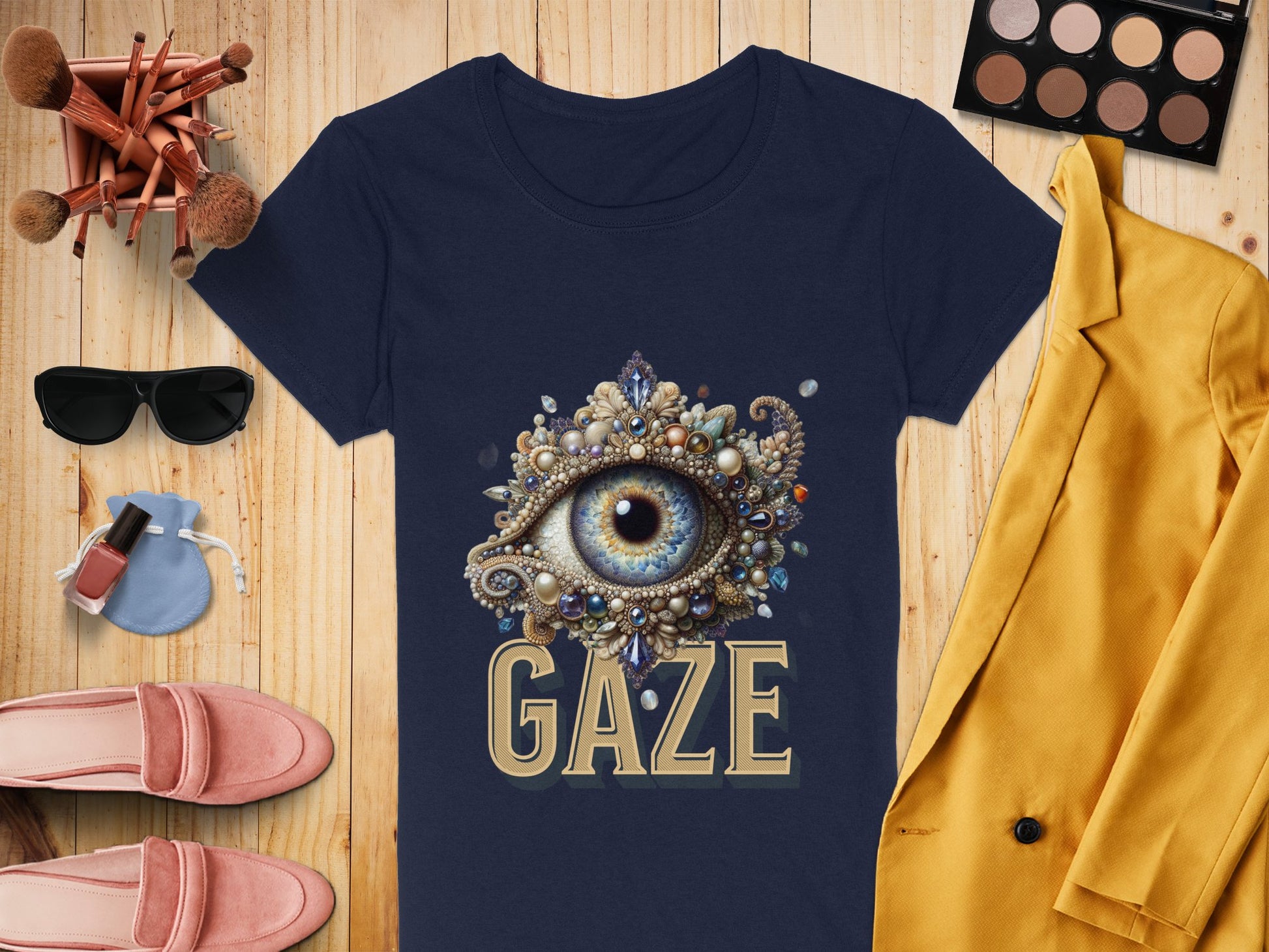 A womens navy blue Garment Graphics T-shirt features an ornate eye design. Surrounding it on a wooden surface are makeup brushes, an eyeshadow palette, sunglasses, nail polish, a compact, pink loafers, and a mustard yellow jacket adding artistic flair.