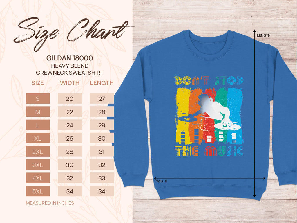 Garment Graphics DJ sweatshirt is perfect for music lovers, showcasing DONT STOP THE MUSIC on a vibrant blue backdrop with yellow, red, and blue paint splatters. The unisex GILDAN 18000 sizing ranges from S to 5XL.