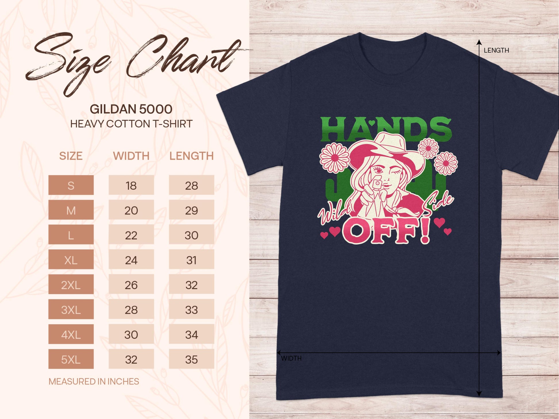 Garment Graphics Gildan 5000 Heavy Cotton T-Shirt, featuring a cartoon pig in a cowboy hat and HANDS OFF! design in pink and green, comes with a size chart for S to 5XL next to the classic fit navy blue shirt.