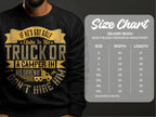 A black sweatshirt by Garment Graphics says, If he’s got golf clubs in his truck or a camper in his driveway, I don’t hire him, in vibrant yellow text. A Gildan 18000 size chart helps find the perfect fit.