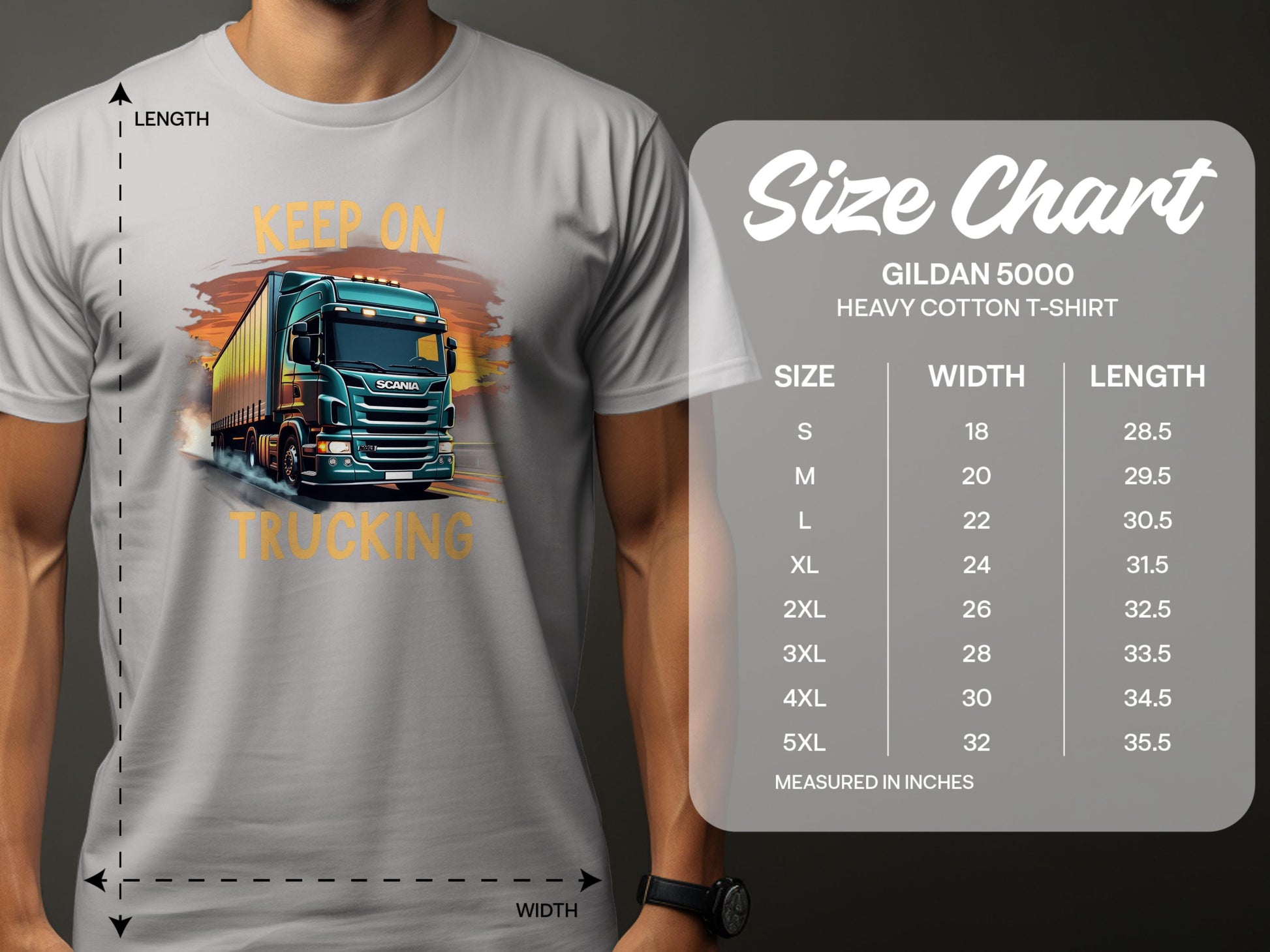 A person wears a gray Garment Graphics t-shirt with a large truck and the bold orange text Keep on Trucking, perfect for truck fans. Next to it is the size chart for the Gildan 5000 heavy cotton t-shirt, showing sizes S to 5XL with width and length measurements.
