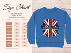 Garment Graphics offers a cozy blue crewneck sweatshirt featuring a striking red, white, and blue flag-inspired graphic with the phrase Dont Blame Me, I Didnt Vote For Him. The size chart on the left details dimensions for S to 5XL in inches.