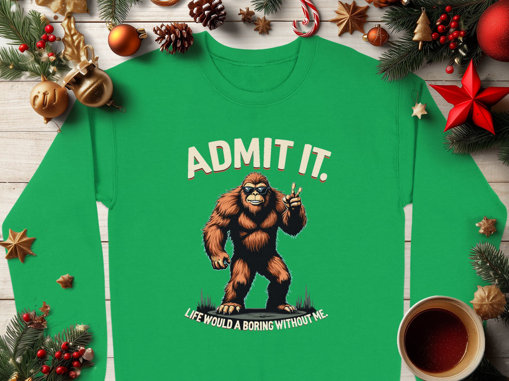Garment Graphics presents a statement piece: a green sweatshirt with a Bigfoot graphic and the text Admit It. Life would be boring without me, alongside festive Christmas ornaments, pine cones, and a cozy coffee cup.