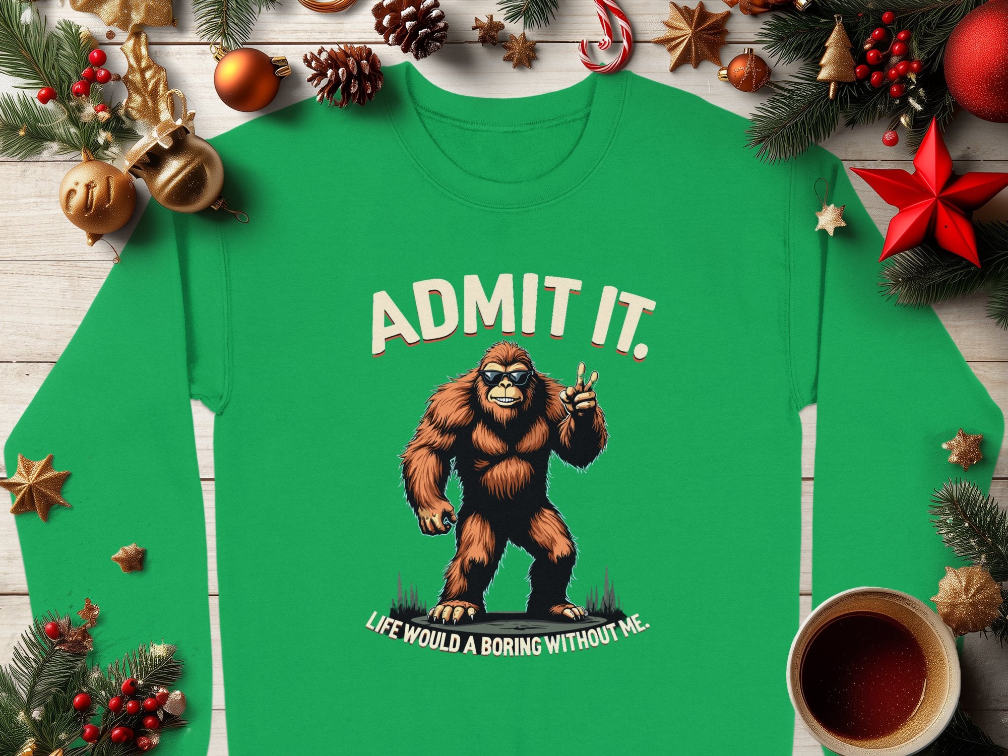Garment Graphics presents a statement piece: a green sweatshirt with a Bigfoot graphic and the text Admit It. Life would be boring without me, alongside festive Christmas ornaments, pine cones, and a cozy coffee cup.