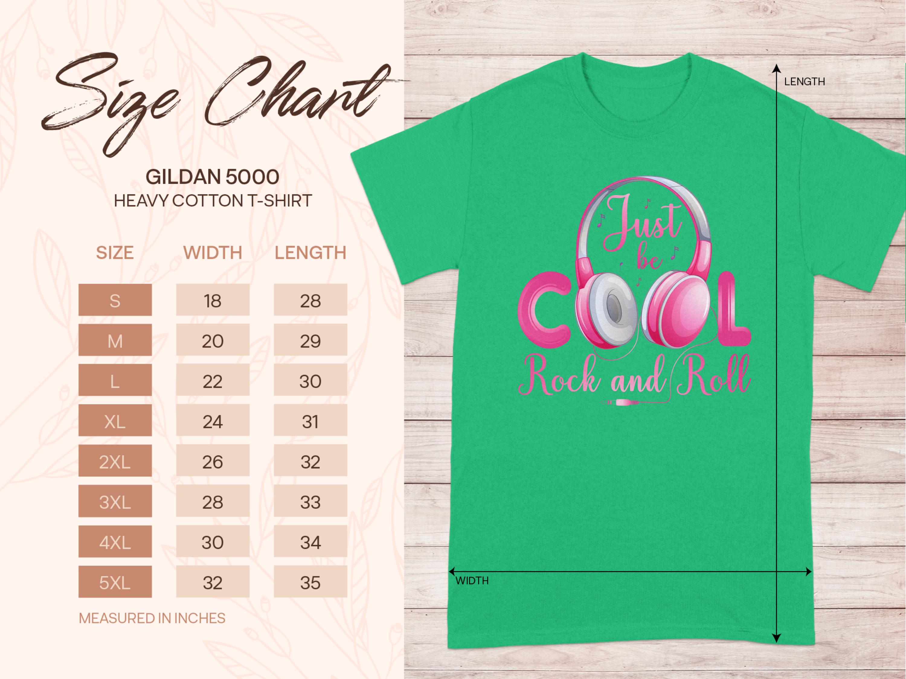 Green T-shirt by Garment Graphics featuring Just be Cool, Rock and Roll text and a headphone graphic, ideal for music lovers. Gildan 5000 Heavy Cotton size chart on the left offers measurements from Small to 5XL.