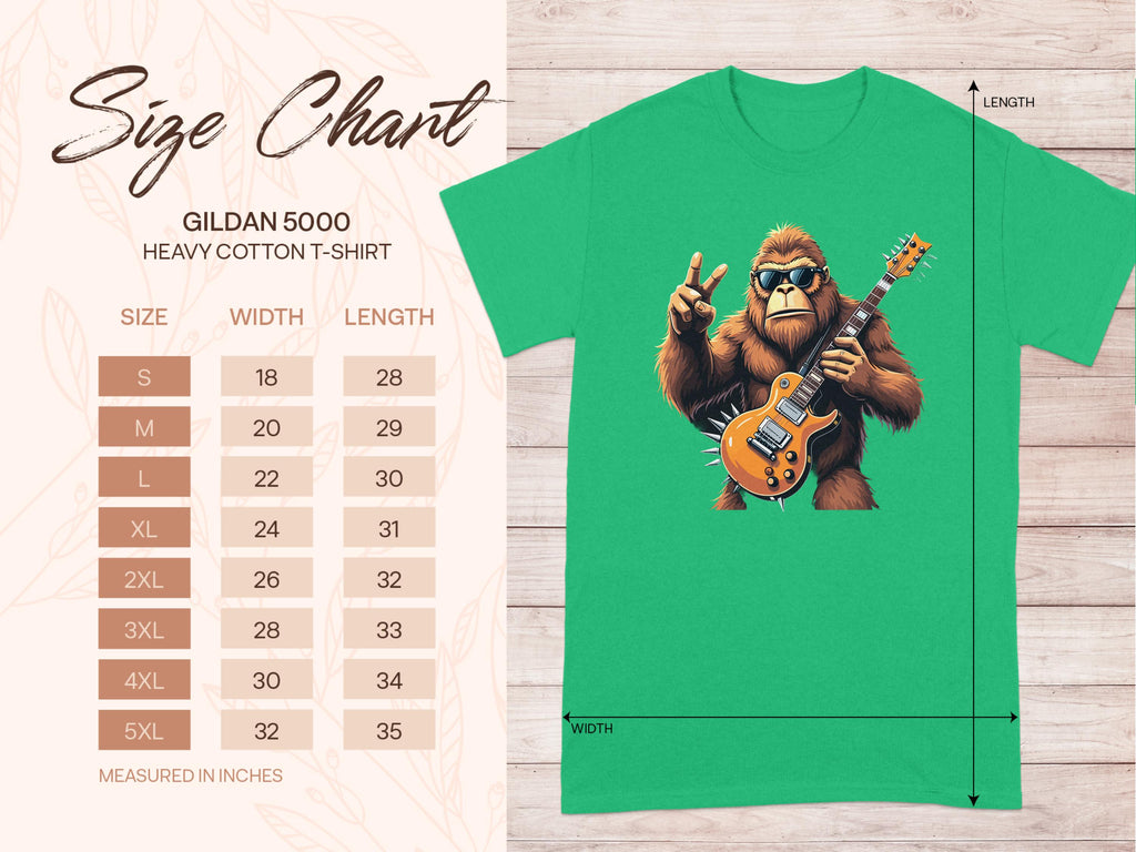 On the left, a size chart for Garment Graphics T-shirts, from S to 5XL, displays measurements in inches. On the right, a green t-shirt captivates music fans with a gorilla holding an electric guitar and making a peace sign.