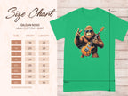 On the left, a size chart for Garment Graphics T-shirts, from S to 5XL, displays measurements in inches. On the right, a green t-shirt captivates music fans with a gorilla holding an electric guitar and making a peace sign.