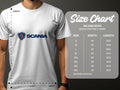 A person is wearing a white Scania-branded t-shirt from Garment Graphics exclusive collection. Beside it is a Gildan 5000 heavy cotton t-shirt size chart, displaying sizes S to 5XL with width and length in inches.