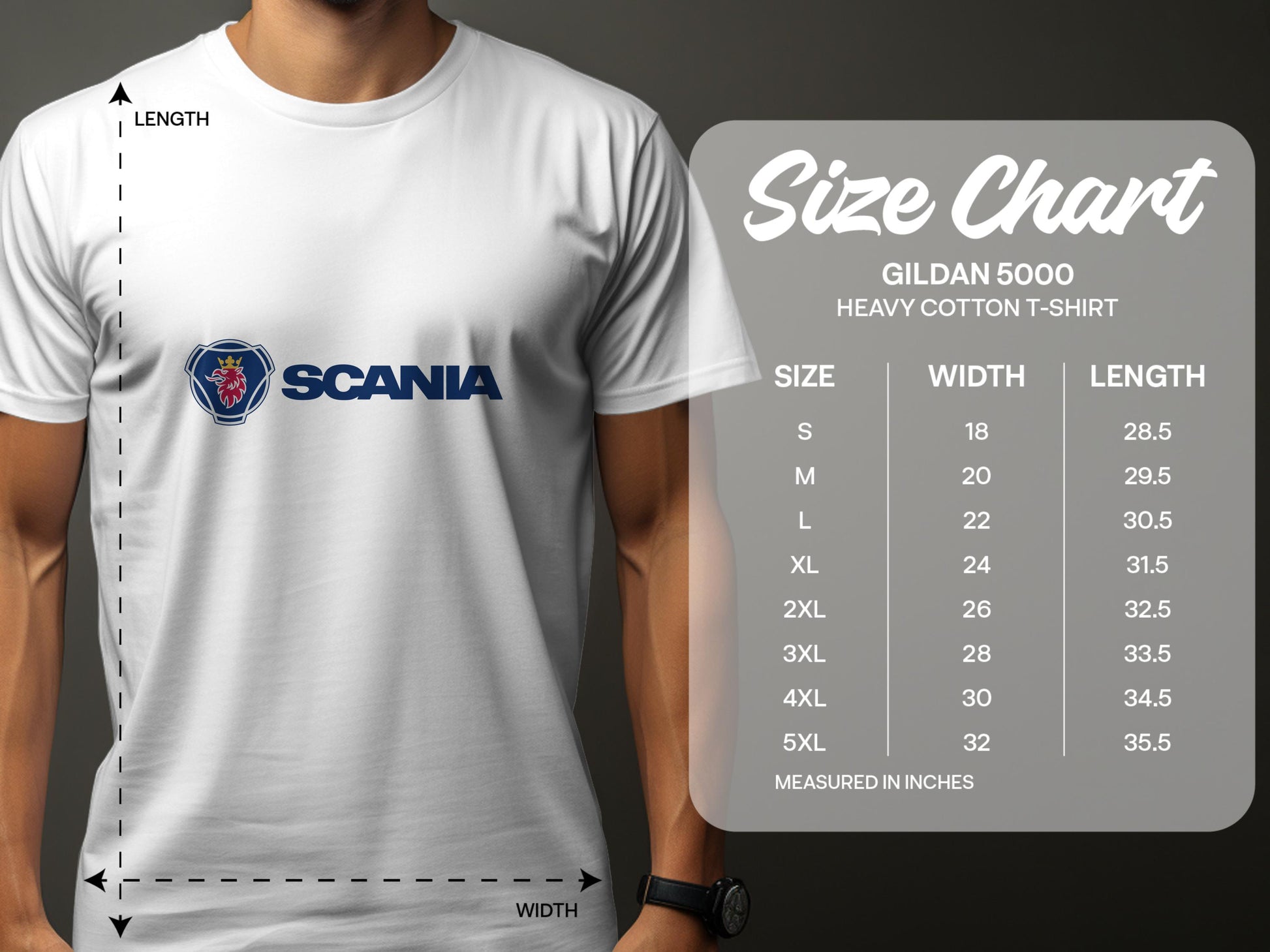 A person is wearing a white Scania-branded t-shirt from Garment Graphics exclusive collection. Beside it is a Gildan 5000 heavy cotton t-shirt size chart, displaying sizes S to 5XL with width and length in inches.