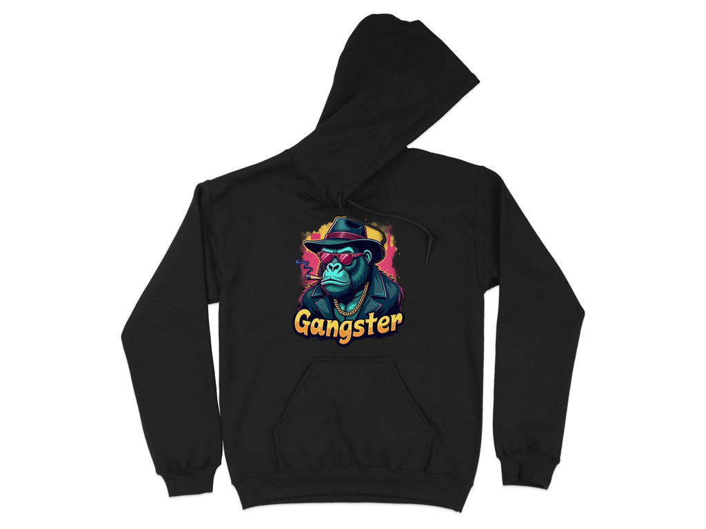 A smokey cool black hoodie by Garment Graphics features a medium-heavy fabric for comfort and durability. It showcases a vibrant gorilla graphic wearing a hat and sunglasses, complete with Gangster written below the colorful illustration.