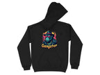 A smokey cool black hoodie by Garment Graphics features a medium-heavy fabric for comfort and durability. It showcases a vibrant gorilla graphic wearing a hat and sunglasses, complete with Gangster written below the colorful illustration.