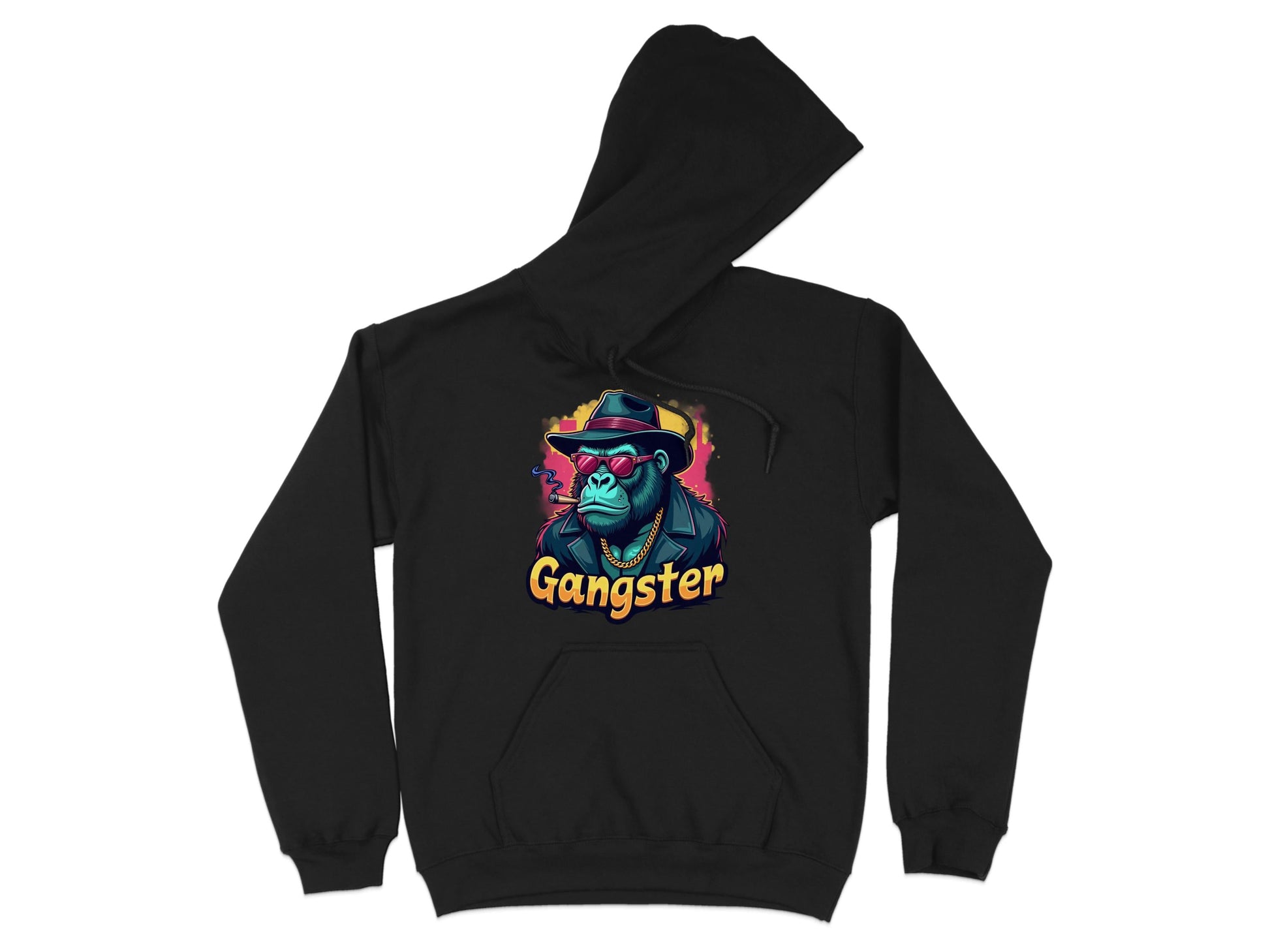 A smokey cool black hoodie by Garment Graphics features a medium-heavy fabric for comfort and durability. It showcases a vibrant gorilla graphic wearing a hat and sunglasses, complete with Gangster written below the colorful illustration.