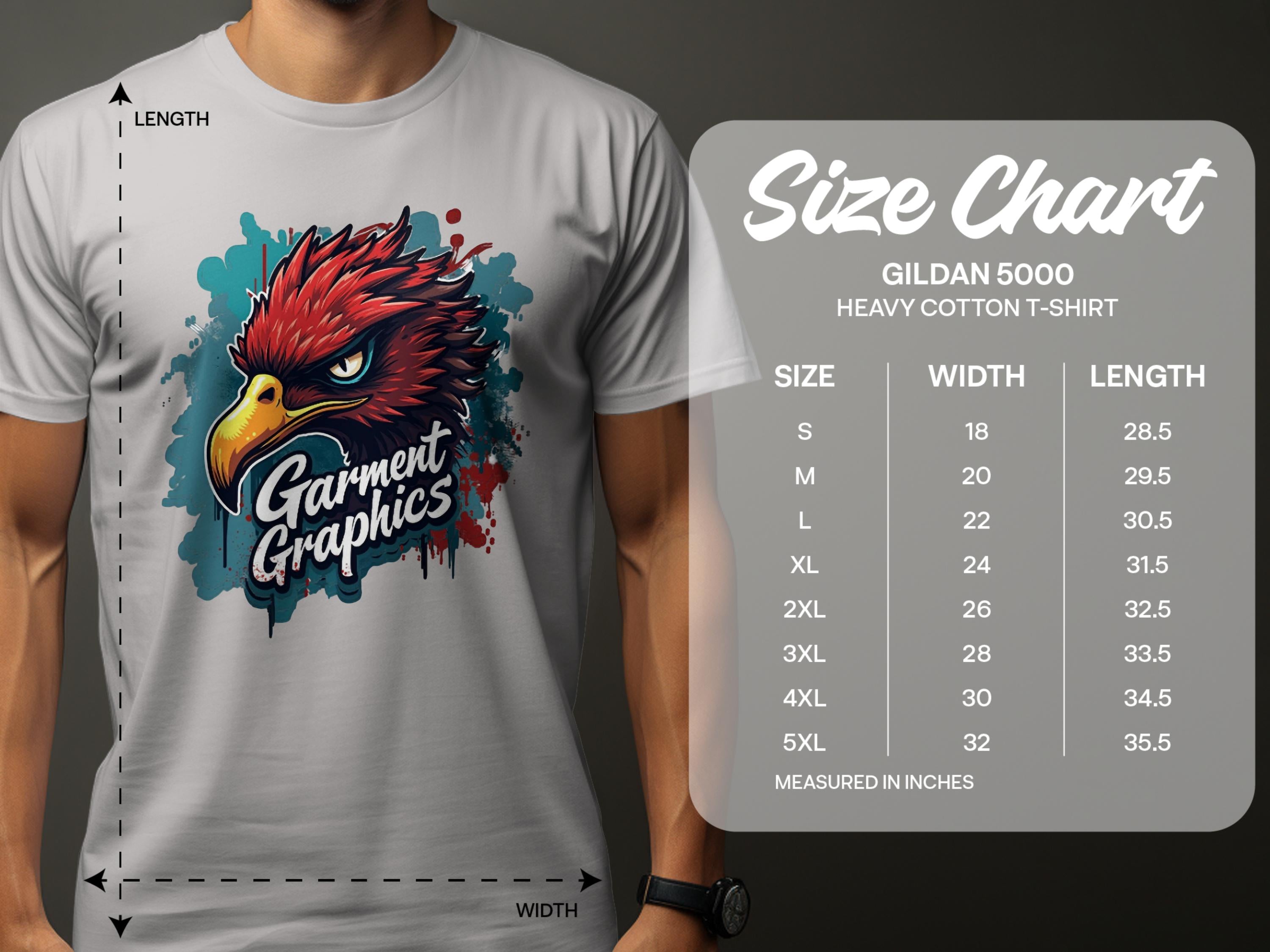 A person in a red and yellow stylized eagle T-shirt, branded Garment Graphics, stands beside the Gildan 5000 T-shirts size chart, detailing classic fit dimensions from sizes S to 5XL.