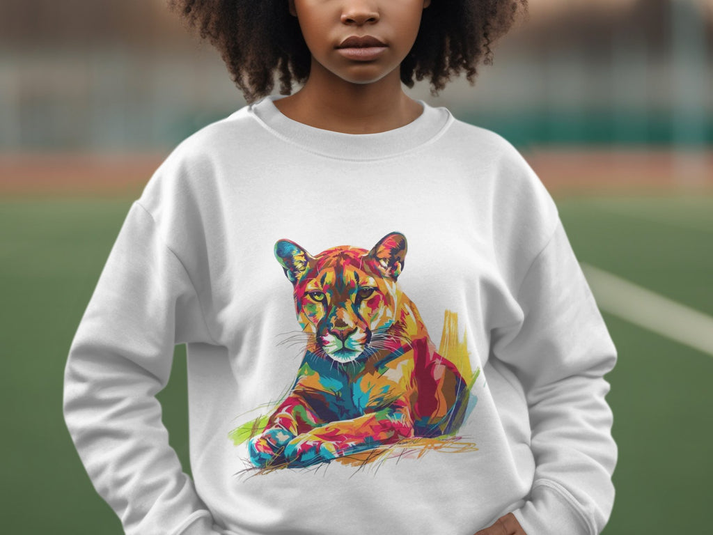 A woman poses outdoors in front of a blurred sports field, wearing a white Garment Graphics sweatshirt with a vibrant cougar design. With unisex sizing, this piece highlights her unique style.