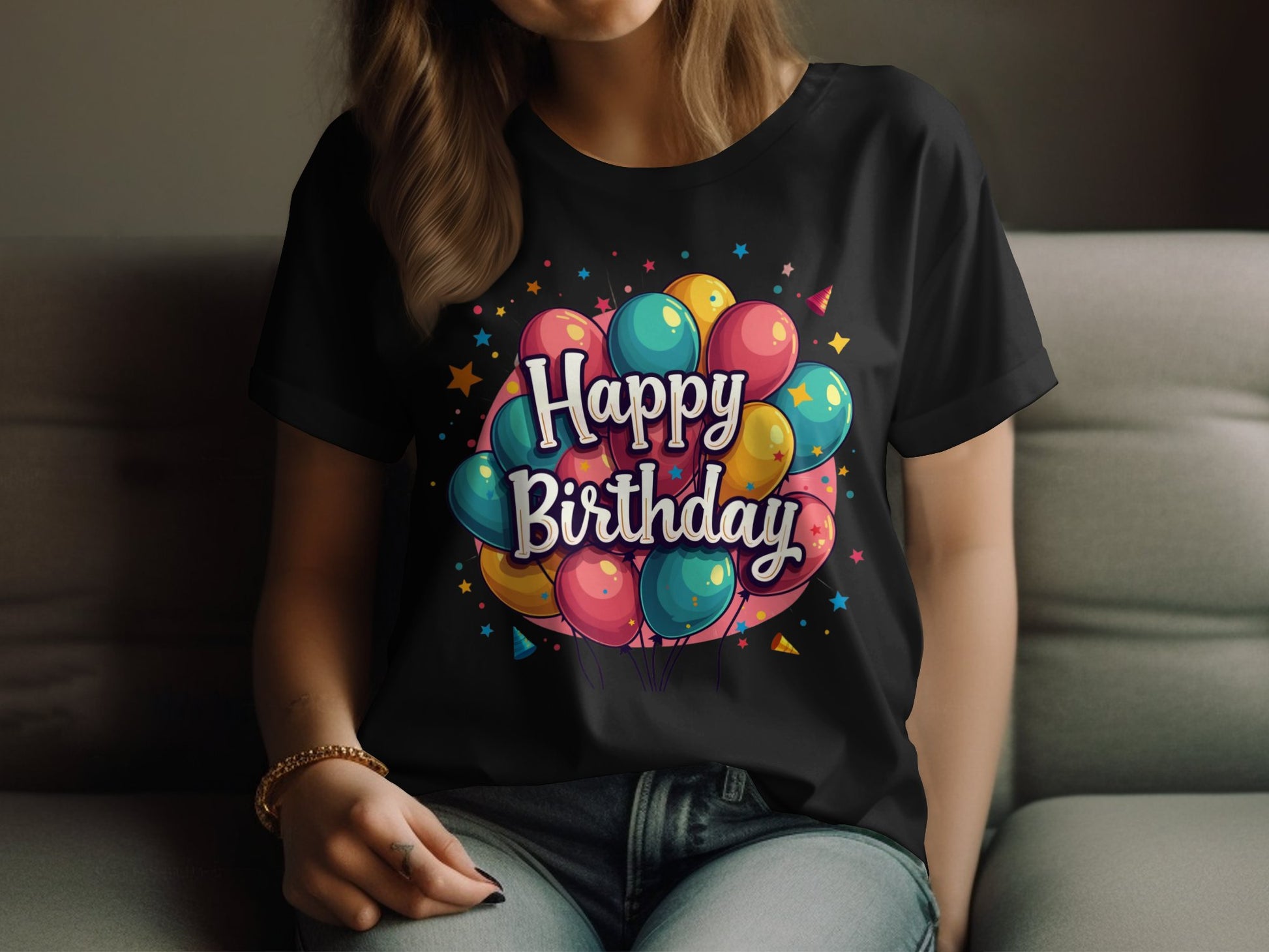 A person is seated on a couch wearing a vibrant Garment Graphics T-shirt made of 100% cotton, adorned with colorful balloons and Happy Birthday text. Only the torso and part of the face are visible, highlighting an indoor birthday celebration atmosphere.