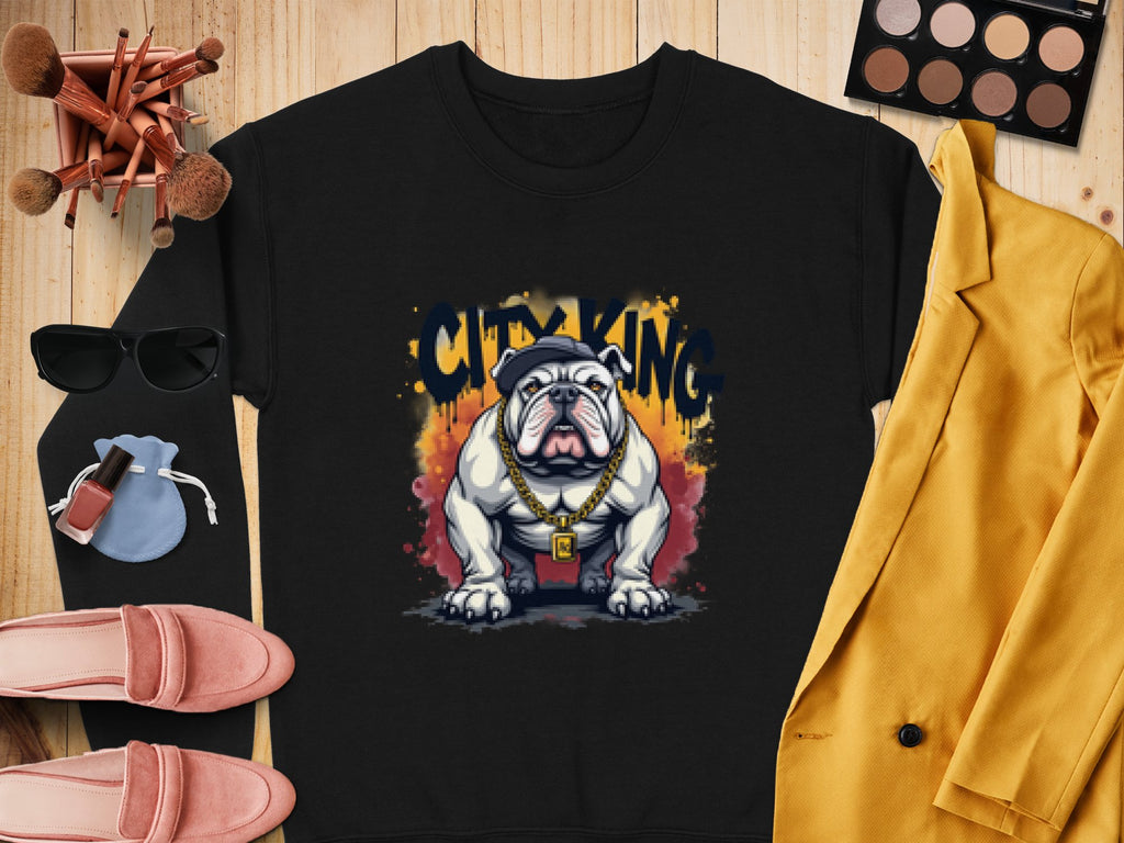 Flat lay featuring a black Garment Graphics bulldog sweatshirt with a gold chain design, surrounded by sunglasses, makeup brushes, a yellow blazer, blue pouch, pink shoes, lipsticks, and an eyeshadow palette on a wooden background.
