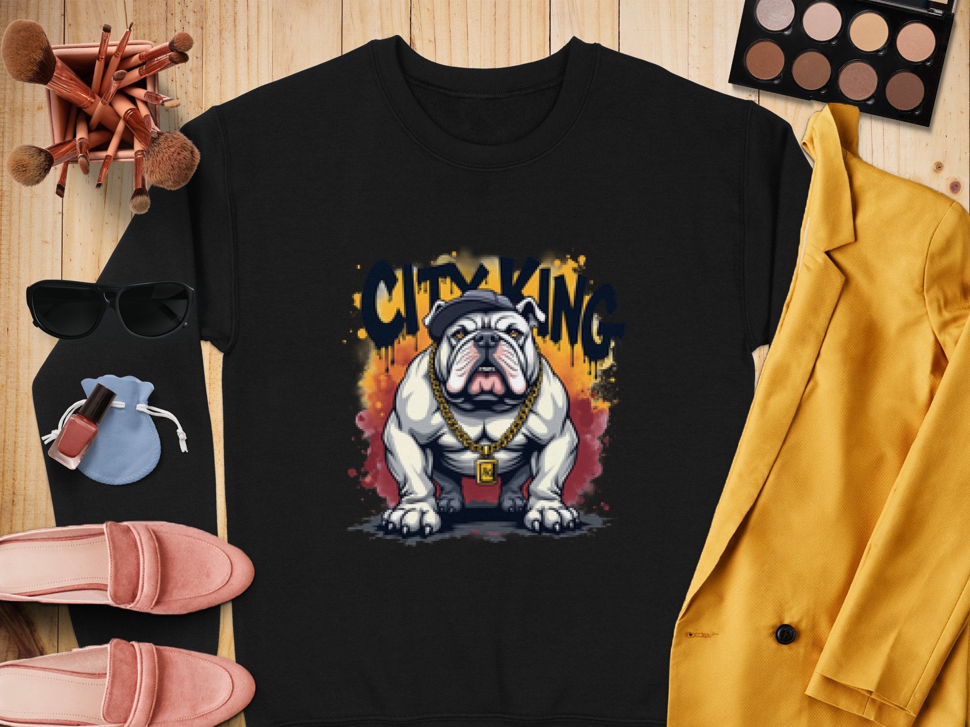 Flat lay featuring a black Garment Graphics bulldog sweatshirt with a gold chain design, surrounded by sunglasses, makeup brushes, a yellow blazer, blue pouch, pink shoes, lipsticks, and an eyeshadow palette on a wooden background.