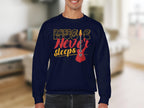 Someone is sporting a trendy navy blue sweatshirt from Garment Graphics, featuring the phrase Music Never Sleeps Guitar with a red guitar graphic—ideal for music enthusiasts. The background suggests a cozy, blurred living room ambiance.