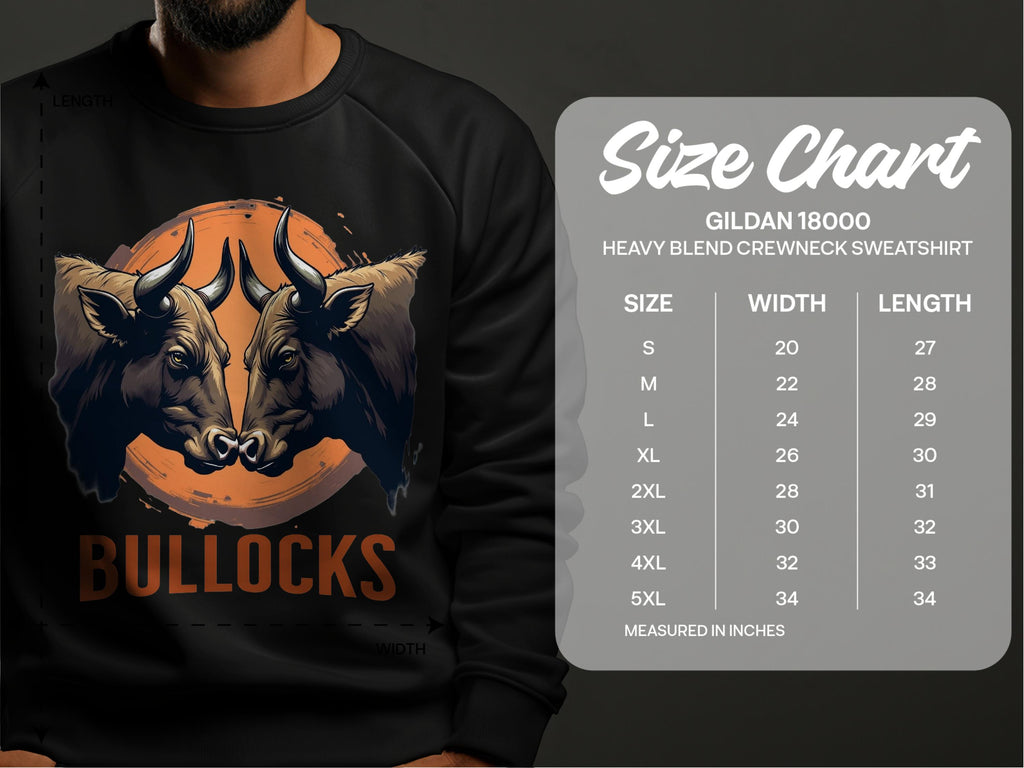 Someone wears a Garment Graphics black sweatshirt with a bold bullock design featuring two striking bull heads and BULLOCKS below. The unisex Gildan 18000 sweatshirt size chart lists sizes S to 5XL, with width and length measurements in inches to the right.