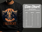Someone wears a Garment Graphics black sweatshirt with a bold bullock design featuring two striking bull heads and BULLOCKS below. The unisex Gildan 18000 sweatshirt size chart lists sizes S to 5XL, with width and length measurements in inches to the right.