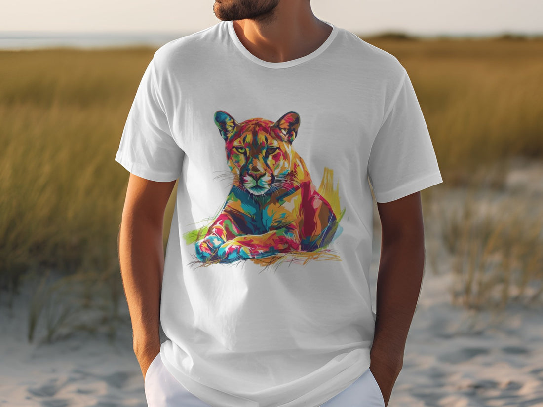 A person in a Garment Graphics white T-shirt with a colorful roaring cougar artwork stands on a sandy path, surrounded by tall grass and clear skies.
