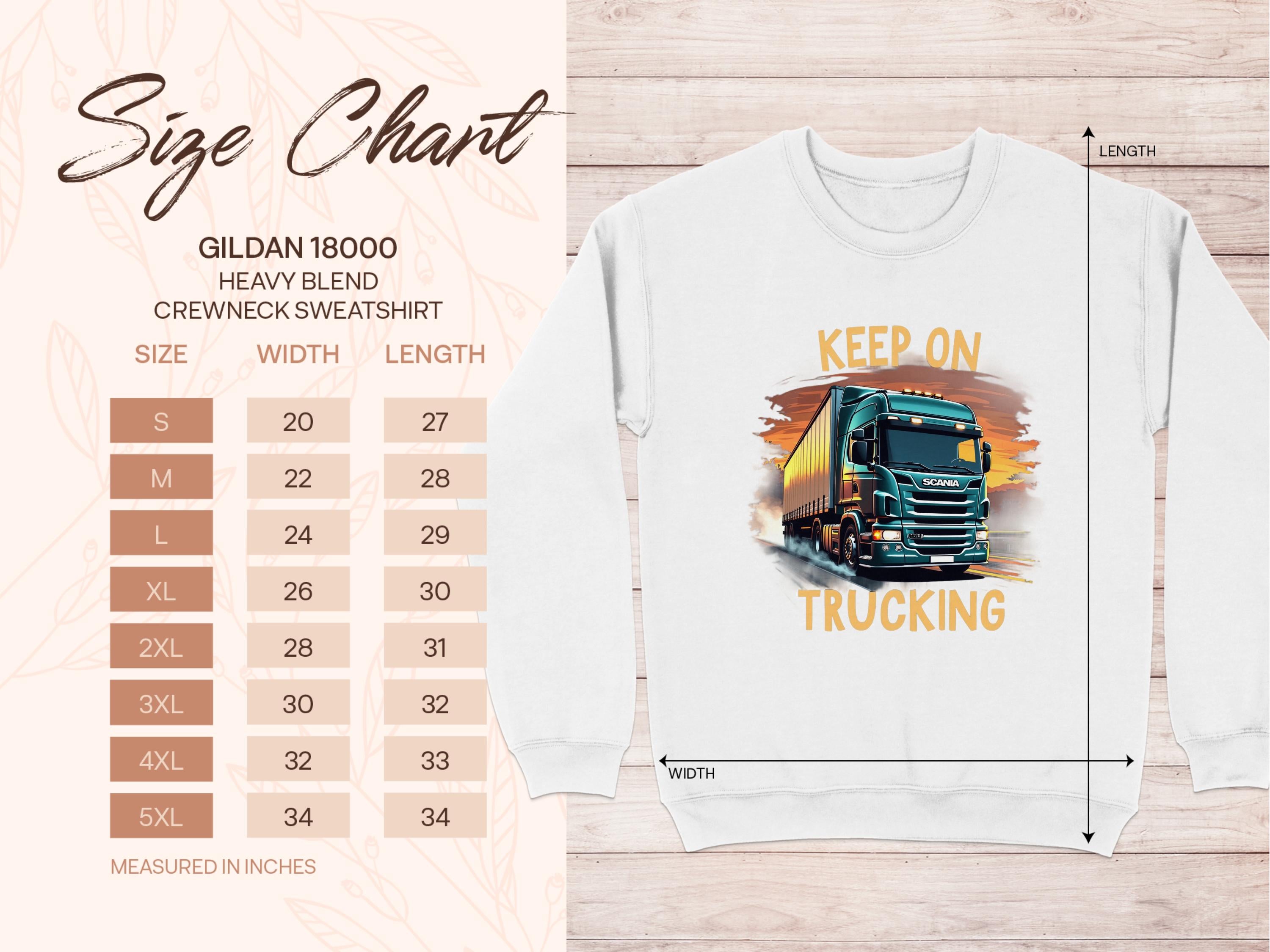 Garment Graphics brings bold truck designs to life with their sweatshirt size chart. The white Gildan 18000 features Keep On Trucking in green. Available in sizes S to 5XL, the chart provides width and length measurements in inches.