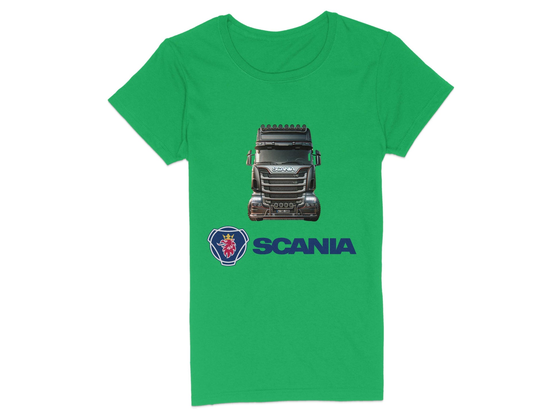 This Garment Graphics green T-shirt is ideal for automotive fans, featuring a black Scania truck along with the iconic Scania logo and text.
