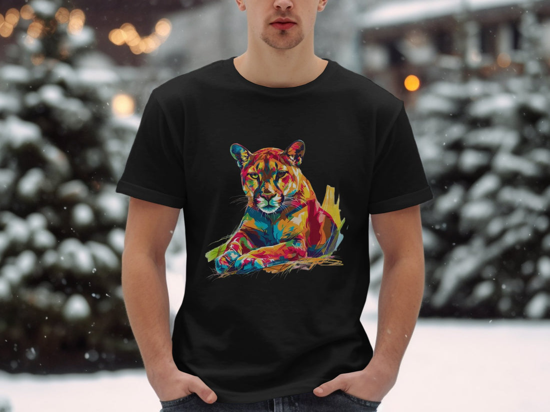 A person in a Garment Graphics white T-shirt with a colorful roaring cougar artwork stands on a sandy path, surrounded by tall grass and clear skies.