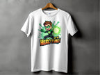 The Garment Graphics superhero graphic tee, featured on a hanger, showcases a cartoon character with green gloves and a glowing orb. Bold text states Its Hero Time! Ideal for family sizing, it adds vibrant comic charm to any wardrobe.