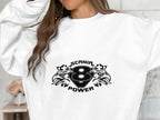 This stylish Garment Graphics white sweatshirt features a bold black graphic with two stylized eagle heads, the text SCANIA POWER, and the number 8, offering a cool Scania Power V8 design for any wardrobe.