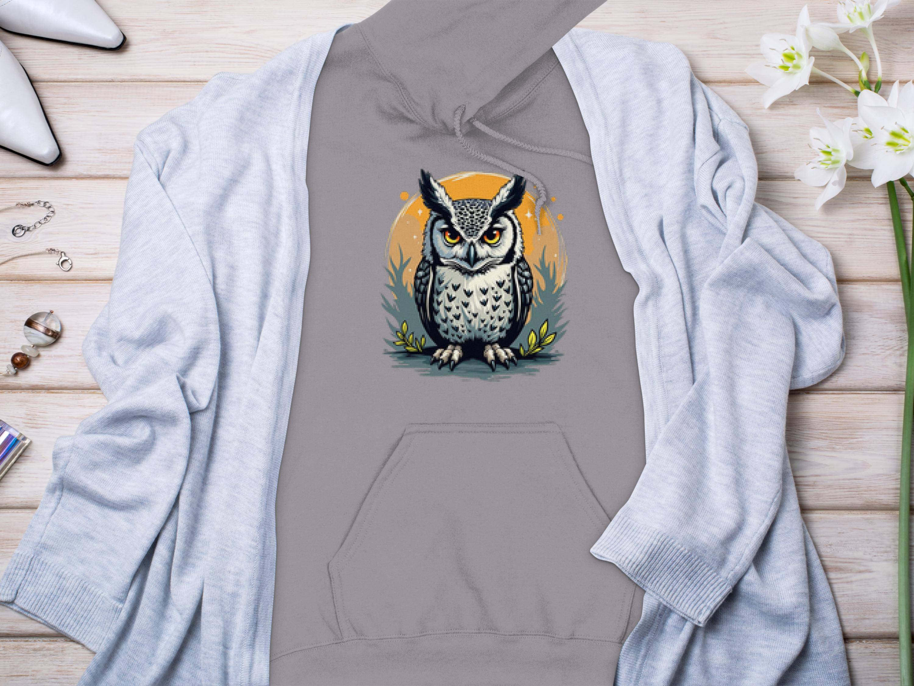 A Garment Graphics classic fit hoodie featuring detailed owl artwork lies beneath a light gray cardigan on a wooden surface. Nearby are white high heels, rings, a bracelet, and a bouquet of white flowers, merging elegance with comfort.
