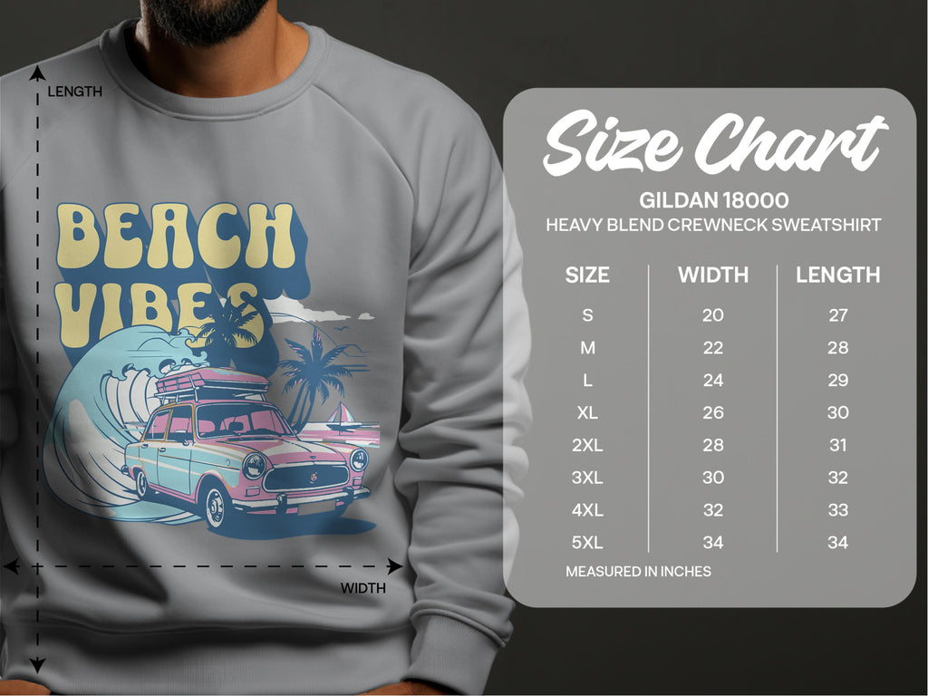 A person is wearing a Garment Graphics gray graphic sweatshirt with a vintage car, surfboards, palm trees, and Beach Vibes, ideal for a retro roadtrip. The Gildan 18000 size chart on the right shows unisex sizing from S to 5XL with measurements in inches.