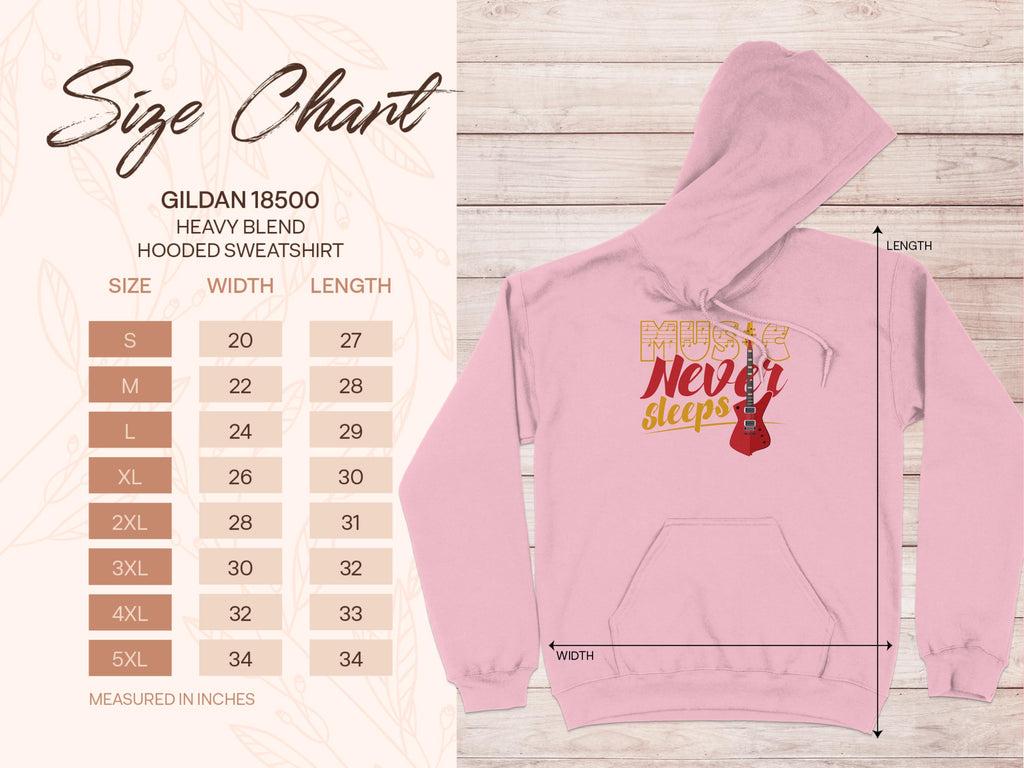 A Garment Graphics classic pink hooded sweatshirt with Music Never Sleeps and a graphic guitar design. It offers a detailed size chart with width and length in inches for sizes small to 5XL, making it ideal for stylish music hoodie lovers.