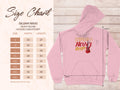 A Garment Graphics classic pink hooded sweatshirt with Music Never Sleeps and a graphic guitar design. It offers a detailed size chart with width and length in inches for sizes small to 5XL, making it ideal for stylish music hoodie lovers.