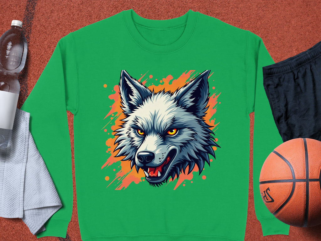 A Garment Graphics green wolf face sweatshirt features a wolfs head graphic with sharp eyes and an open mouth, set against an orange splash design. Styled with a basketball, black shorts, water bottle, and towel for a sporty vibe.