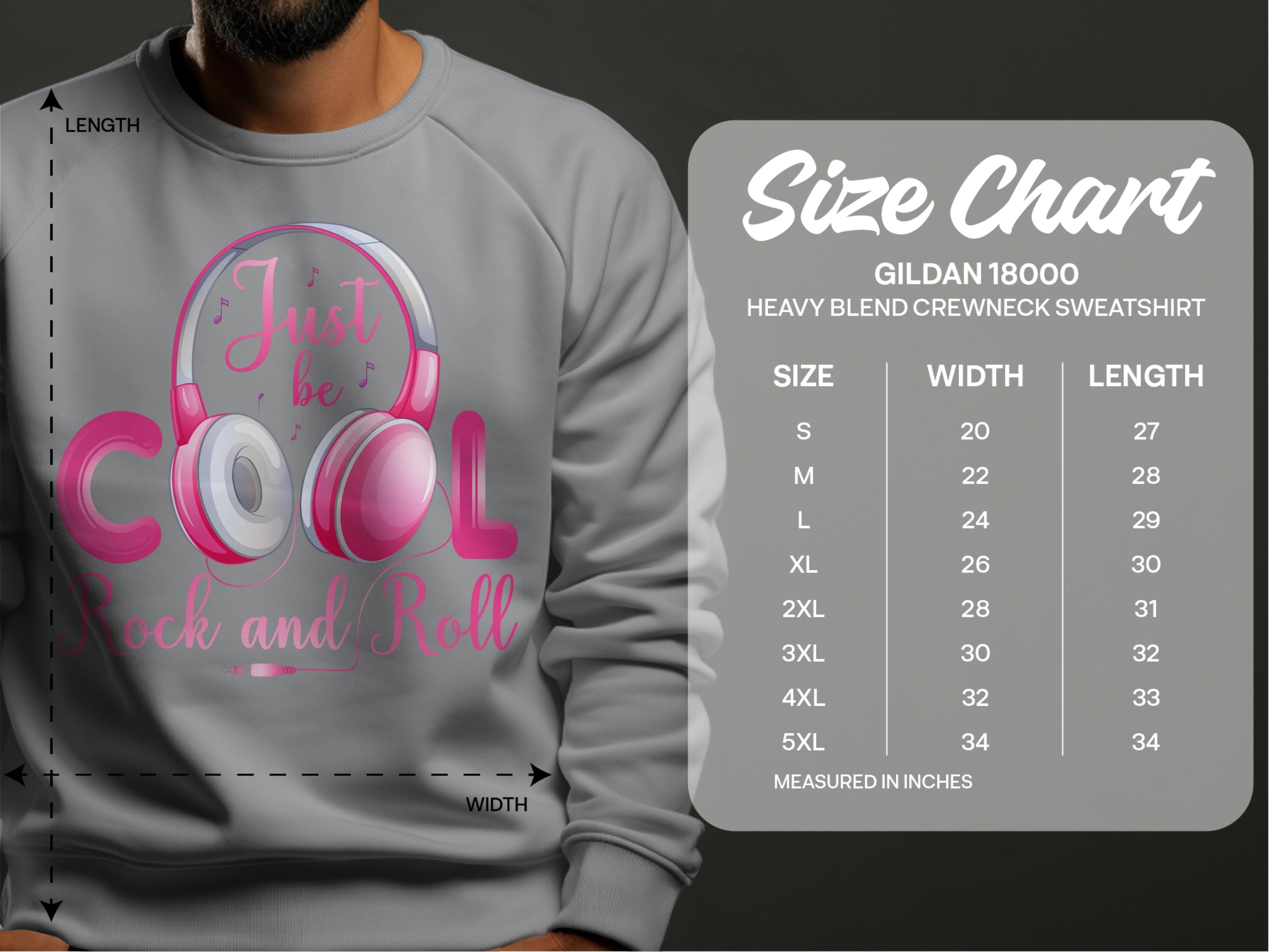 Clad in a trendsetting statement piece, someone wears a gray sweatshirt by Garment Graphics with Just be Cool Rock and Roll in pink headphones. The size chart for the Gildan 18000 Heavy Blend Crewneck Sweatshirt ranges from S to 5XL, ideal for music lovers desiring comfort and style.