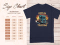 Garment Graphics offers a navy blue Keep On Trucking T-shirt, ideal for truck lovers, featuring a large truck image. A Gildan 5000 heavy cotton size chart is included, detailing sizes S to 5XL with precise width and length in inches.