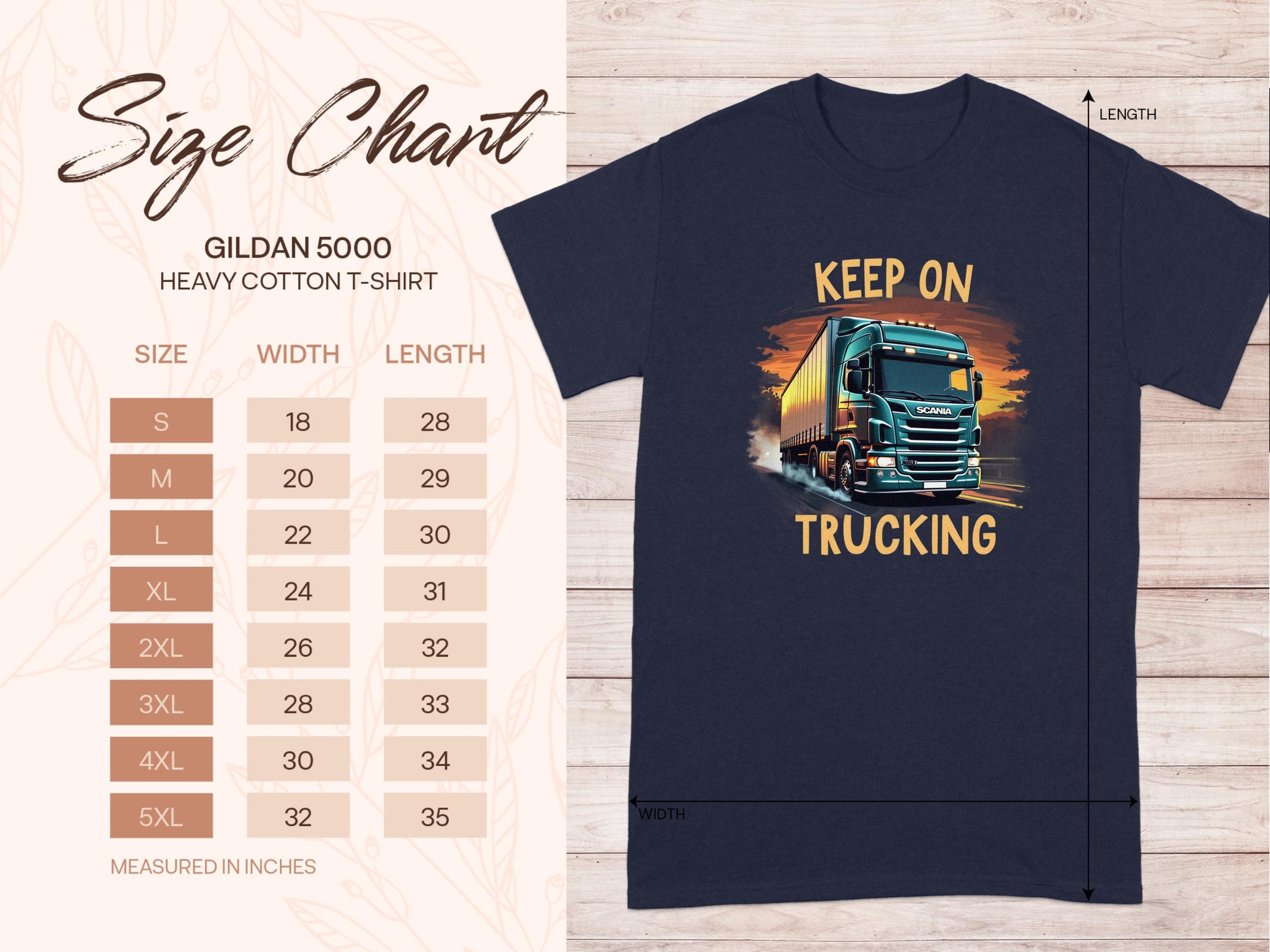Garment Graphics offers a navy blue Keep On Trucking T-shirt, ideal for truck lovers, featuring a large truck image. A Gildan 5000 heavy cotton size chart is included, detailing sizes S to 5XL with precise width and length in inches.