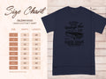 Navy blue T-shirt by Garment Graphics features a retro automotive design with Classic Vintage Car Club text. A size chart shows measurements in inches for sizes S to 5XL. The classic fit shirt is labeled as Gildan 5000 heavy cotton.