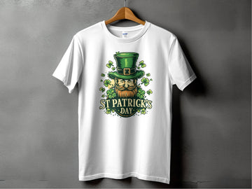 A white t-shirt by Garment Graphics hangs on a wooden hanger against a gray background, featuring an Irish pride print: a ginger-bearded man with a green top hat and shamrock designs, with the text St. Patricks Day, capturing the festive spirit of St. Patricks Day T-Shirts.