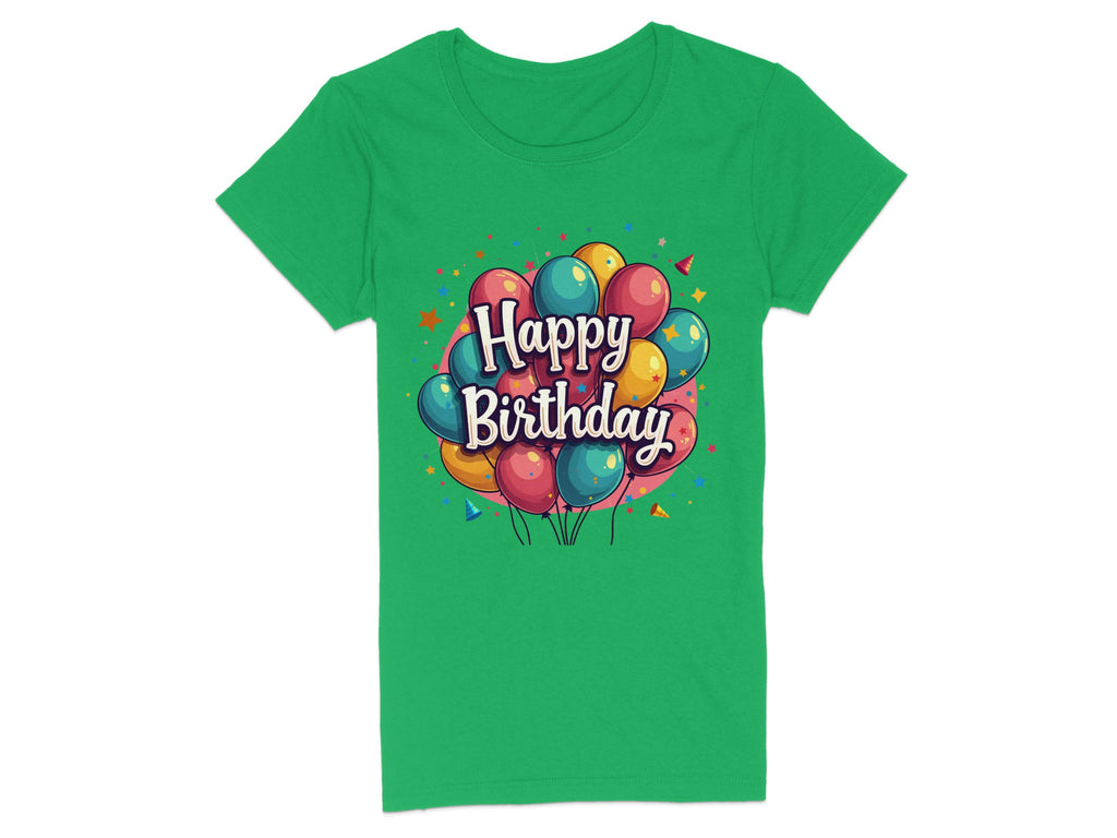 The Garment Graphics Vibrant T-Shirt is made from 100% cotton and features colorful red, blue, yellow, and green balloons with Happy Birthday text on the front and playful confetti-like shapes. Perfect for birthday celebrations.