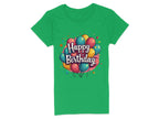 The Garment Graphics Vibrant T-Shirt is made from 100% cotton and features colorful red, blue, yellow, and green balloons with Happy Birthday text on the front and playful confetti-like shapes. Perfect for birthday celebrations.