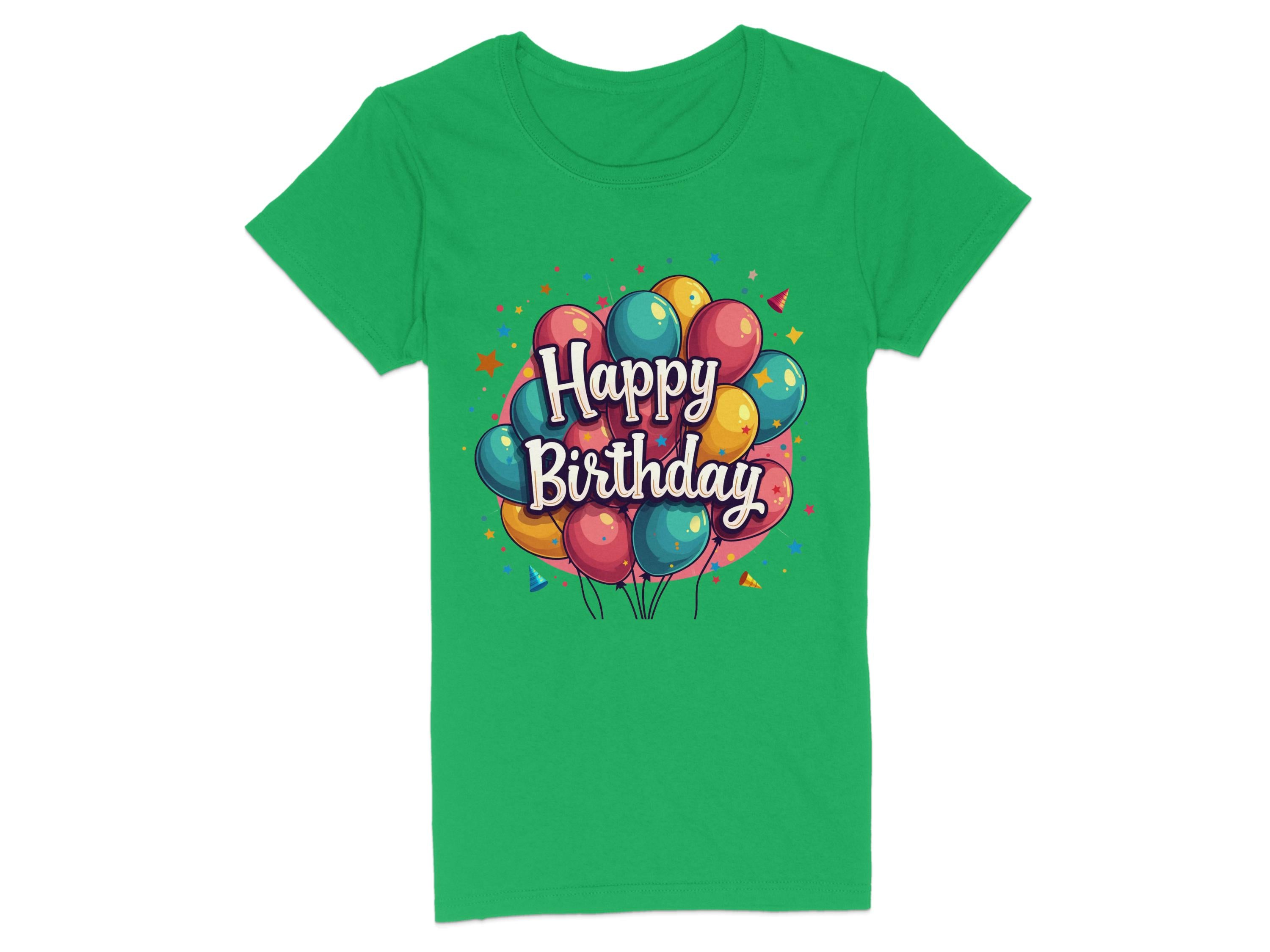 The Garment Graphics Vibrant T-Shirt is made from 100% cotton and features colorful red, blue, yellow, and green balloons with Happy Birthday text on the front and playful confetti-like shapes. Perfect for birthday celebrations.