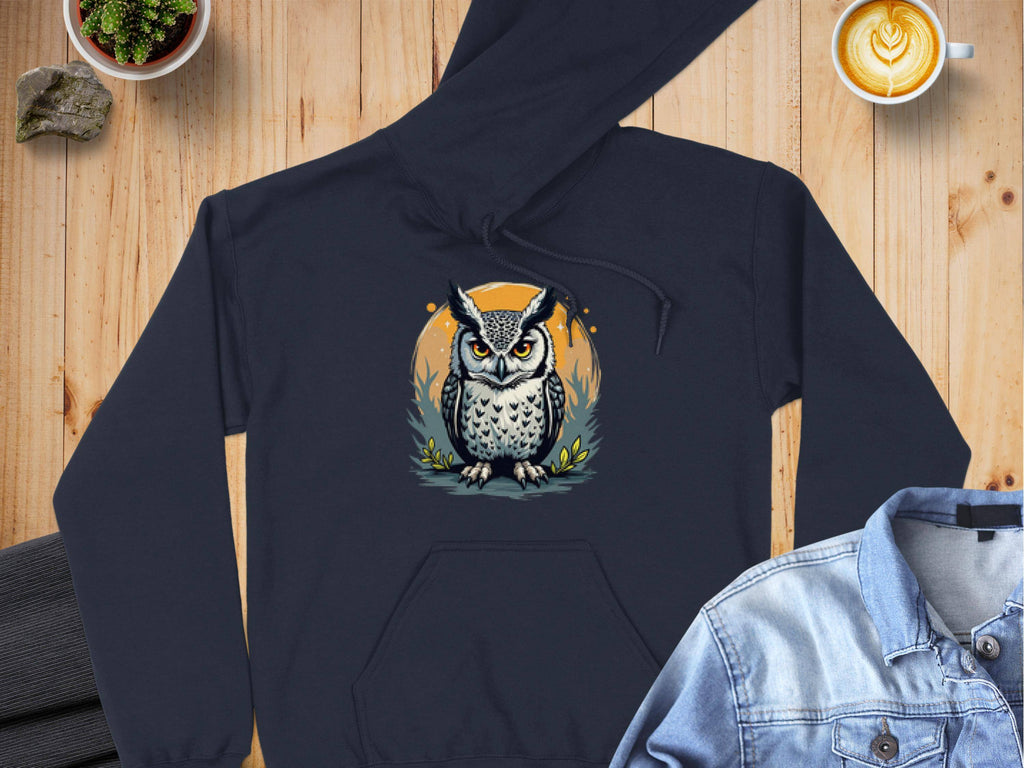 A black owl artwork hoodie by Garment Graphics, featuring a cartoon owl in a circular frame, rests on a wooden table amid a denim jacket, coffee with latte art, and a small plant enhancing the scenes charm.
