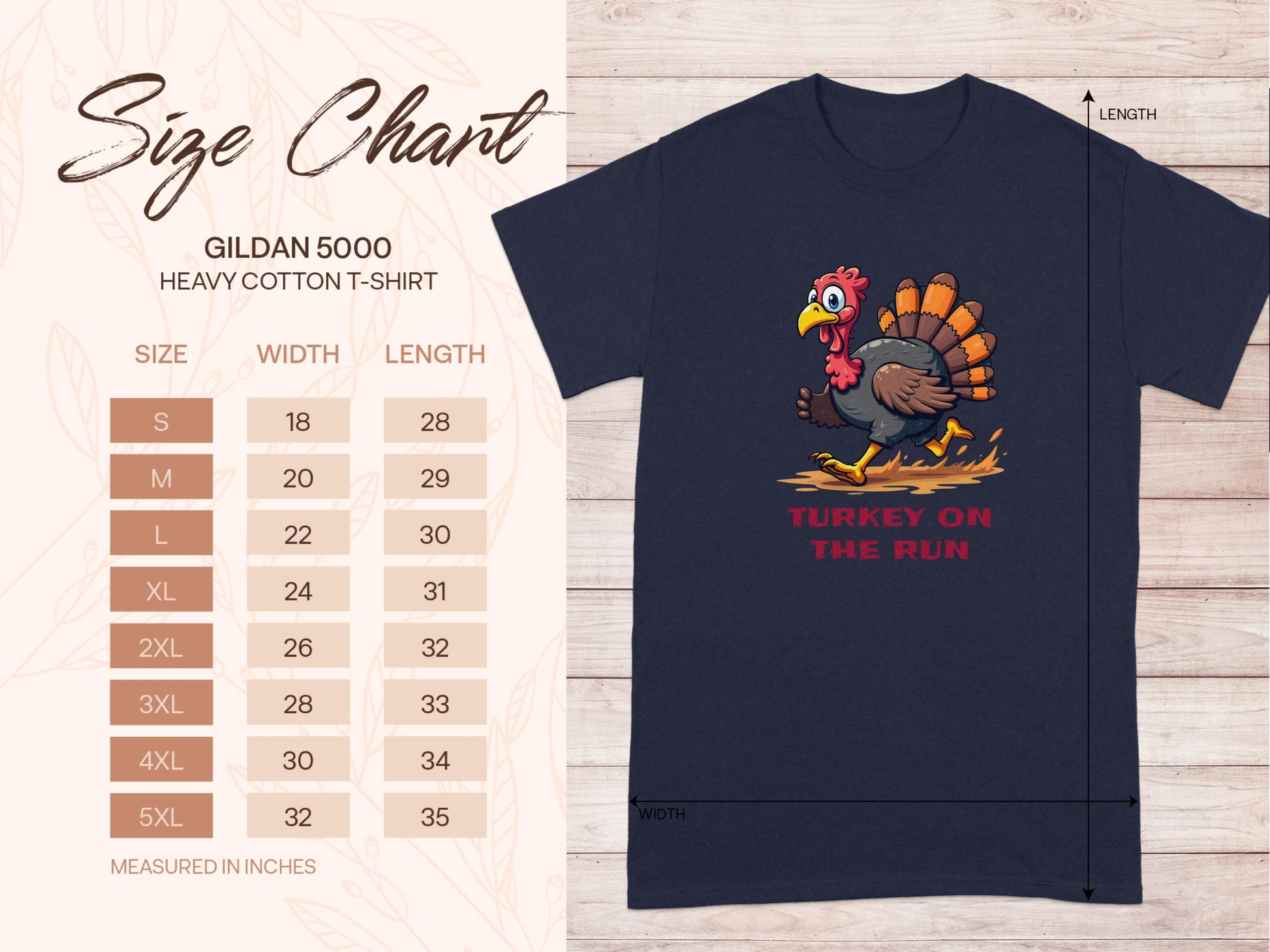 Next to the dark blue, classic fit Gildan 5000 heavy cotton T-shirt by Garment Graphics—featuring a cartoon turkey and Turkey on the Run text—is a size chart listing dimensions in inches for sizes S to 5XL.
