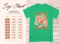 Garment Graphics Green Rodeo T-shirt showcases a vivid orange cowboy on horseback with Howdy Rodeo text—ideal for enthusiasts. Comes with a Gildan 5000 heavy cotton size chart, sizes S to 5XL in inches.